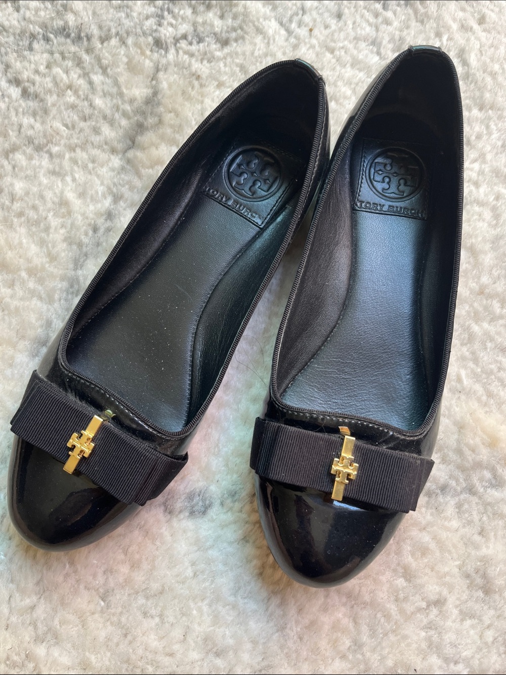 Tory Burch Black Patent Leather Bow Logo Flats